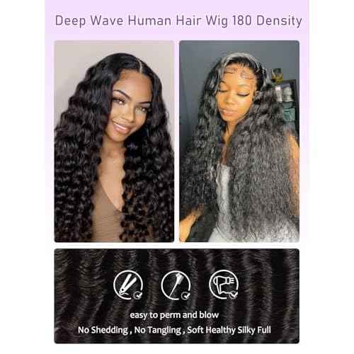 Deep Wave Lace Front Wigs Human Hair 13x6, Real Remy Virgin Human Hair Wig for Black Women, 180 Density, Daily Wear Suitable Pre Plucked with Baby Hair, Natural Color, 24 inch