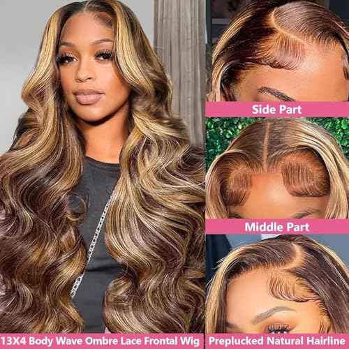 Body Wave Honey Blonde Lace Front Wig Human Hair Pre Plucked Highlight Ombre P4/27 Colored 210% Density 13x4 HD Lace Frontal Wigs Human Hair for Women 22Inch