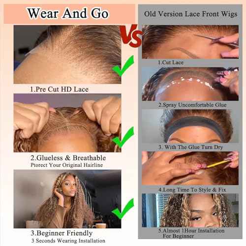 Ombre Highlight Glueless Wigs Human Hair Pre Plucked Pre Cut Curly Closure Wear and Go Glueless Wigs Human Hair Middle Part Balayage Water Wave Lace Frontal Human Hair Wigs for Black Women 4/27 20Inch