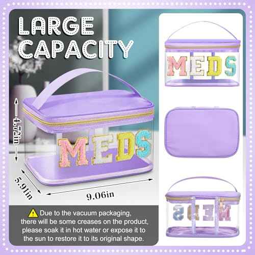 Geetery Chenille Letter Bag, Meds Cheer Travel Cases Cheerleader Gifts Cosmetic Bag Nylon Makeup Portable Preppy Patch with Zipper Toiletry Storage Case for Women(Purple,Meds)