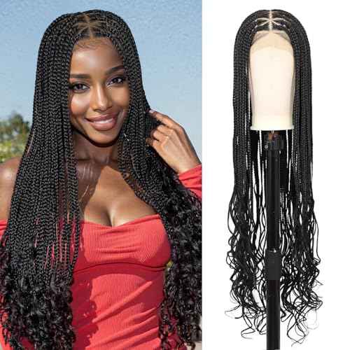 Kalyss 360¡Æ HD Full Lace Braided Wigs for Black Women Knotless Braided Wigs with Baby Hair Box Braid Wig Premium Synthetic Lace Front Black Box Braid Wig with Curly Ends 36"