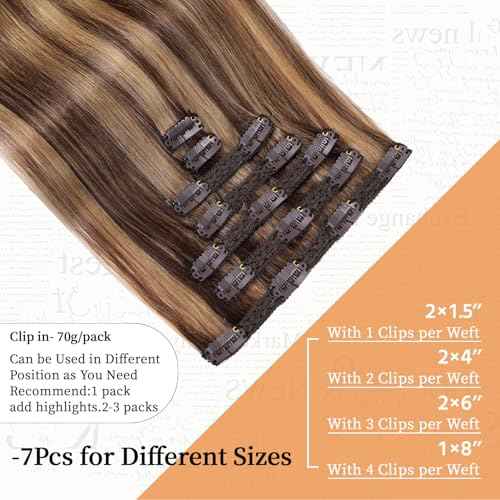 Clip in Hair Extensions Real Human Hair 18 inch, 7Pcs/70g Human Hair Clip in Extensions, Seamless Clip in Hair Extensions Human Hair #4/27 Medium Brown/Dark Blonde, 18 Inch