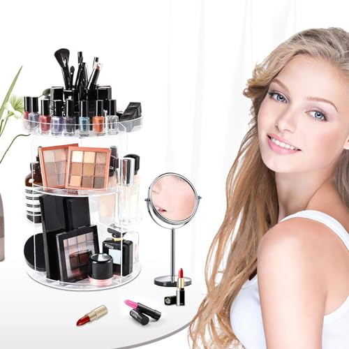 SUNFICON Rotating Makeup Organizer 360 Rotation Cosmetic Storage Holder Crystal Clear Acrylic Makeup Turntable Spin Display Stand Bathroom Bedroom Countertop Vanity Dressing Table Gift Girl Lady Women