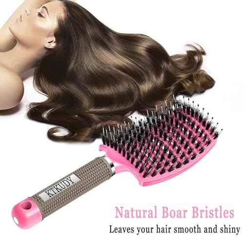 KTKUDY Detangling Brush Boar Bristles Hairbrush Make Hair Shiny & Healthier Curved and Vented Detangler Brush for Women Men Kids Wet & Dry Hair (Pink)