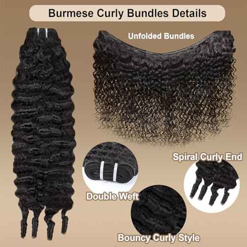 Burmese Curly Bundles Human Hair 16 Inch 12A Deep Wave 1 Bundle 100% Unprocessed Quick Weave 3c4a Water Wave Bundles with Spiral Curly End Real Human Hair Extensions Natural Black