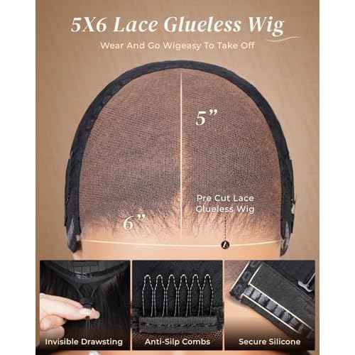 Arabella Hair 5x6 Glueless Human Hair Wig Pre Plucked Pre Cut 210% Density Natural Color 12a Bleached Knots Drawstring Straight Wig for Women HD Transparent Lace Frontal Human Hair Wigs 20 Inch