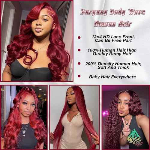 99J Burgundy Lace Front Wigs Human Hair 24 Inch 13x4 HD Wine Red Colored Body Wave Wig for Women 200% Density Transparent Glueless Wine Red Wigs Human Hair Pre Plucked with Baby Hair