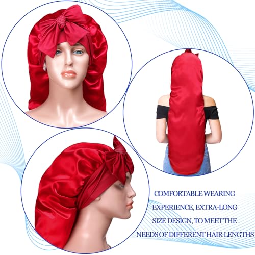 Geyoga 3 Pcs 40 Inches Extra Long Satin Braid Bonnet for Sleeping Silk Hair Bonnet for Women with Tie Band Foldable Braids Hair Sleep Tie, Black, Wine Red and Gold
