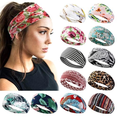 AKTVSHOW 12 Pack Boho Headbands - Wide Non-Slip Elastic Headbands, Trendy Hair Accessories for Women's Yoga, Workout, and Fashion