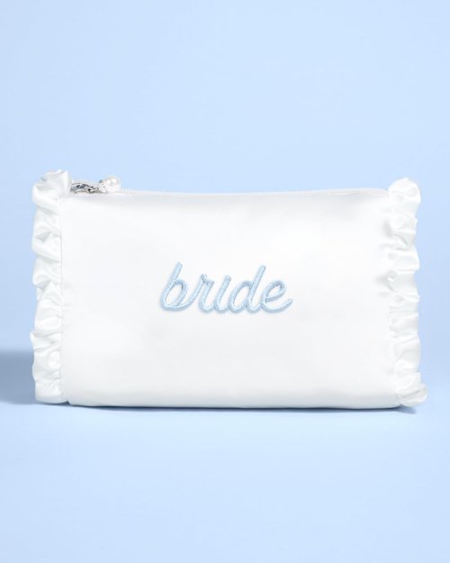 xo, Fetti White Satin Bride Cosmetic Bag | Bachelorette Party Decorations, Bride To Be Purse, Bridal Shower Accessory, GRWM Makeup Bag