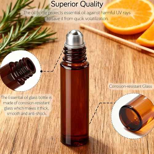 PrettyCare Set of 12, 10 ml Amber Glass Roller Bottles for Essential Oil with Stainless Steel Roller Ball - Refillable Leak-proof Empty Roll on Bottles with Black Caps for Travel, Perfume, Lab