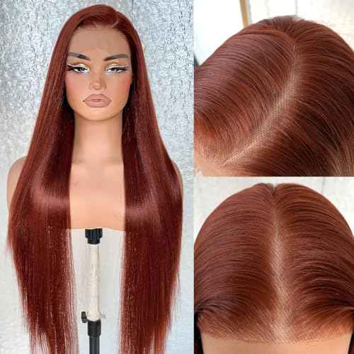 BlackSwern 13x6 HD Glueless Lace Frontal Wigs Pre-Plucked, 200 Density Ginger Similar Human Hair Synthetic Long Straight Lace Front Wig Ready to Wear, 26inch #Reddish Brown