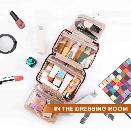 Toiletry Bag Travel Bag with Hanging Hook, Water-Resistant Makeup Cosmetic Bag Organizer for Accessories, Full-Size Shampoo and Toiletries, Large, Light Pink, BAF-019