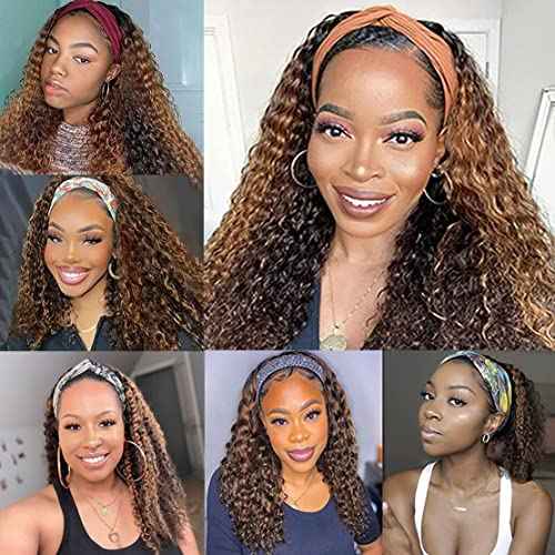 Highlight Deep Wave Wigs Human Hair 24 Inch Ombre Curly Headband Wig Human Hair Wigs for Black Women Human Hair Non Lace Front Wigs Brazilian Virgin Hair Brown Glueless Wear and Go Wigs Blonde