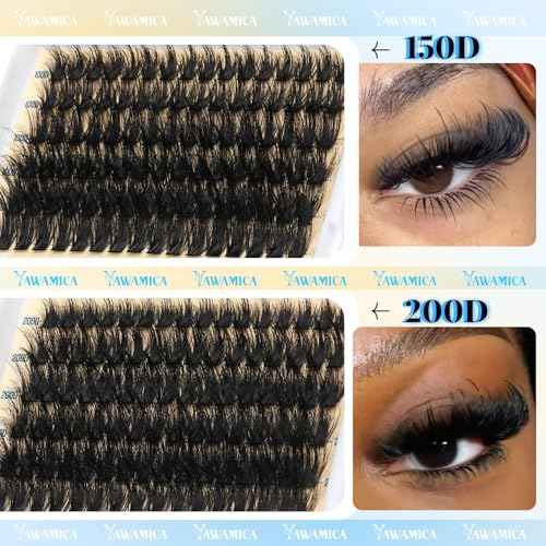 Yawamica Lash Clusters Kit Fluffy Eyelash Clusters 15-25mm Lash Extension Kit 150D+200D Volume Individual Lashes D Curly Cluster Lashes DIY Eyelash Extension Kit with Waterproof Bond and Seal