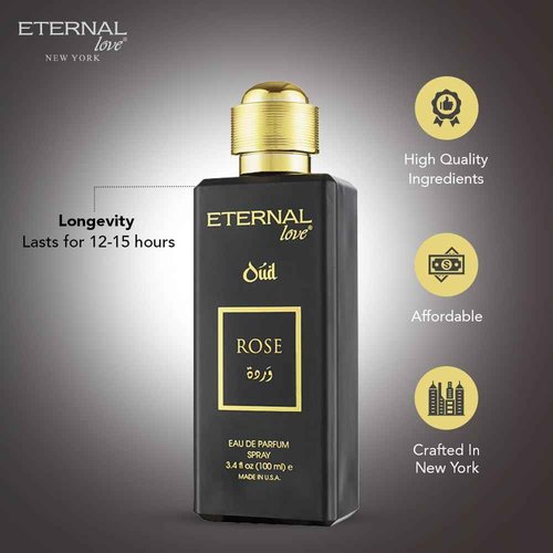 Eternal Love Rose Oud - Long Lasting Unisex Eau de Parfum - Romantic Floral Oriental Fragrance with Oud & Rose - Dubai Inspired Arabic Scent - 3.4oz