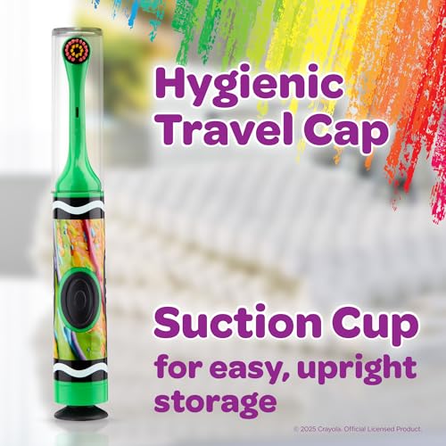 GUM Crayola Drip Art Kids Power Toothbrush, Extra Soft Toddler Toothbrushes, Battery Powered, Travel Cap, Suction Cup Base, Ages 3+, Batteries Included, 2 Pack