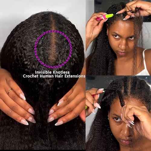 Kinky Straight Feather Crochet Human Hair Extension Yaki Wave Pre Separated Knotless Crochet Hair Micro Bundles With Loop For Reusable Boho Braids 18Inch 60g 50Strands