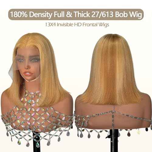 Highlight Blonde Bob Wigs Human Hair Strwberry Blonde mix with Bleach Blonde Short Bob Wig Human Hair for Women 13x4 HD Lace Front Wig Pre Pluckd Glueless Wigs 180% Density Bleached Knots
