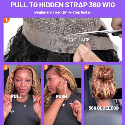 Hidden Strap Deep Wave 360 Lace Front Wigs Human Hair 22 Inch Ombre Honey Blonde HD Full Lace Frontal Wigs Human Hair for Women with Drawstring 360 Glueless Wigs Pre Plucked Highlighted Wig