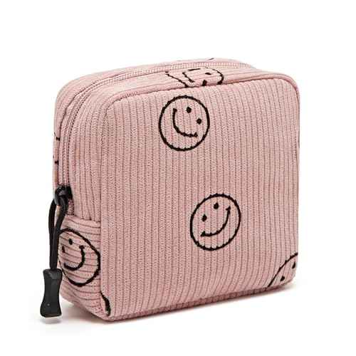 Small Makeup Bag for Purse,Mini Cosmetics Bag cute Zipper corduroy Cosmetic Pouch Storage Pouch Travel Toiletry Organizer for Women Girls(Smiley Face,Pink)