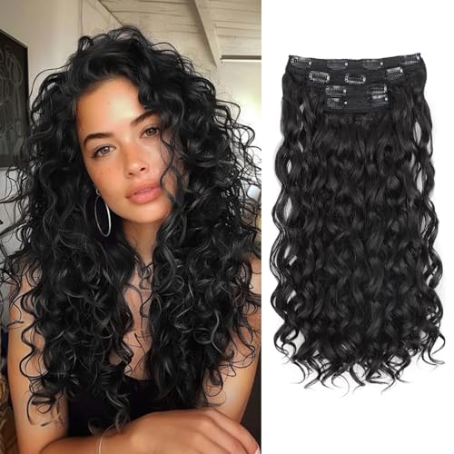 18 Inch Curly Wavy Clip in Hair Extensions 4PCS,QGZ Heat-Stylable Synthetic Lace Weft Extensions for Women, Black for Daily & Party Wear
