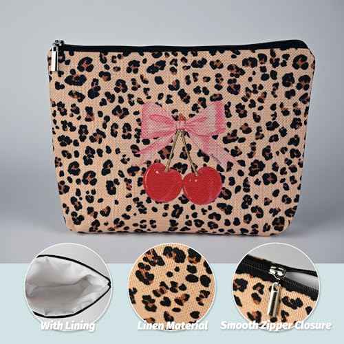 Leopard Print Cherry Makeup Bag,Cosmetic Bag for Women, Large Capacity Toiletry Bag,Zipper Pouch, Travel Accessories Storage with Lining