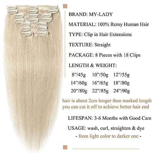 MY-LADY Clip in Hair Extensions Real Human Hair Platinum Blonde 22 Inch 85g Remy Hair 8pcs Weft Balayage Full Head Natural Straight for Women