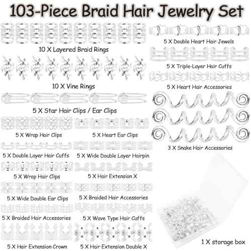 Vaikby 103PCS Silver Hair Jewelry for Braids Accessories, Hair Cuffs & Rings, Loc Jewelry for Black Women, Metal Silver Hair Accessories, Braid Decorations, Hair Charms for Dreadlocks and Braiding
