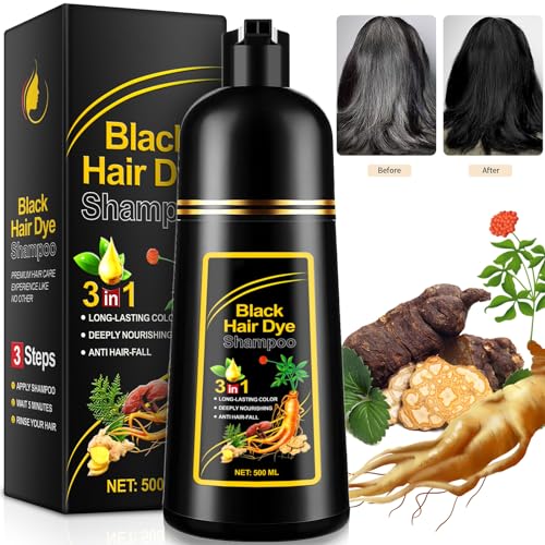 ALIVER Hair Dye Shampoo (Black) - 3-in-1 Natural Herbal Essence: Coloring, Nourishing, and Hair Growth Promoter - 500ml, Hypoallergenic and Harmless for Scalp Care