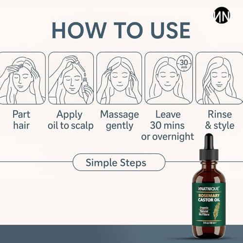 Natnique Rosemary Castor Oil ? 100% Pure Cold-Pressed Organic Hair Growth Oil, Hexane-Free Scalp Serum & Moisturizing Treatment for Dry Scalp, Fuller Hair, Stronger Roots & Natural Care ? 2oz
