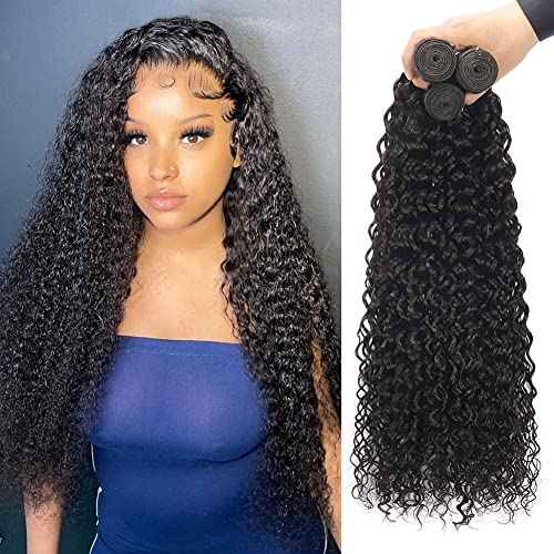 Water Wave Bundles Human Hair 3 Bundles Water Curly (20 22 24 Inch) Brazilian Full Virgin Remy Hair Extension for Women Wet and Wavy Hair Weft Natural Color