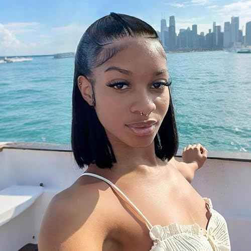 Ali Pearl Wigs Half Up Half Down Straight Lace Front Wigs Human Hair 13x4 HD Glueless Bob Wig Human Hair Pre Plucked Pre Cut For Black Women Short Bob Wigs 180% Density Pre Braided Wig 12 Inch