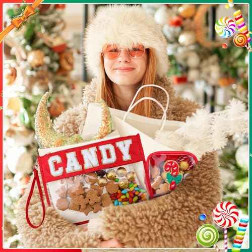 Hillban 2 Pcs Christmas Gifts Chenille Letter Bags Xmas Makeup Cosmetic Bag Clear Toiletry Zipper pouch Candy Canes purse Waterproof Travel Purse Preppy Things for Women Holiday Present