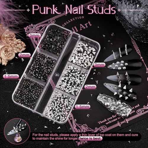 3D Mini Punk Nail Studs Cone Spike Alloy Rivets (Black+Silver), Flatback Nail Pearls and Round Steel Balls Beads(Silver), Goth Nail Charms and Gems for Nail Accessories