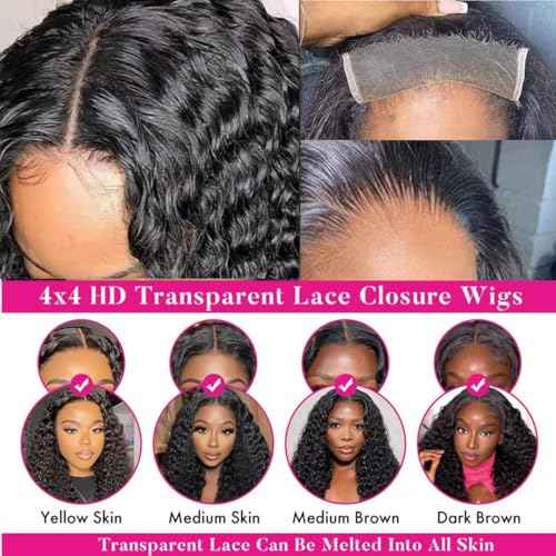Josblue Deep Wave Lace Front Wigs Human Hair 4x4 Transparent Lace Closure Wigs 180% Density Human Wigs for Black Women Pre Plucked with Baby Hair 26 Inch