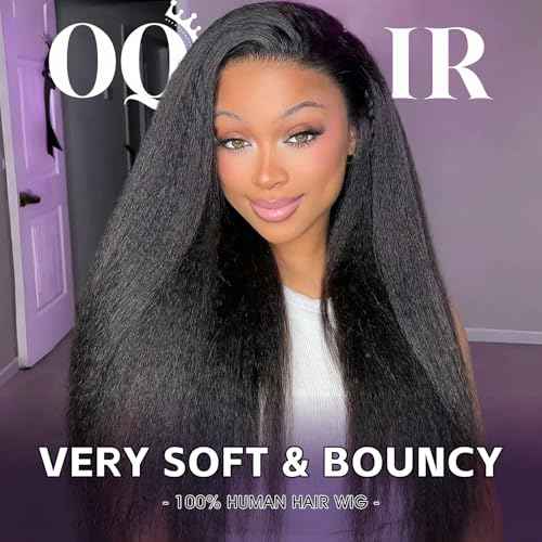OQ Hair Kinky Straight Half Wig Human Hair Adjustable Drawstring 180% Density 3 In 1 Beginner Friendly Glueless Wear and Go Half Human Hair Wig for Women 16 Inch
