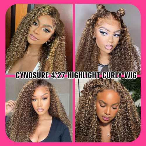 CYNOSURE 18 Inch Highlight Ombre Deep Curly Lace Front Wigs Human Hair 13x5 HD Transparent Lace Frontal Wig Honey Blonde Jerry Curly Wig Human Hair Pre Plucked 180 Density for Women