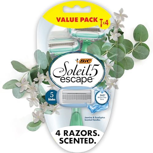 BIC Soleil 5 Escape Scented Women's Disposable Razors, 5 Blades, Comfortable Shave, Jasmine & Eucalyptus Scented Handle Shaving Razors for Women, 4 Count