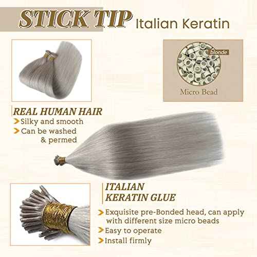 I Tip Hair Extensions Platinum Sliver Human Hair I Tip 100% Real Human Hair Extensions Sliver Silky Straight Extensions I Tips Human Hair Extensions for Women Invisible Cold Fusion Hair