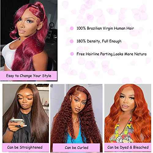 99J Burgundy Wine Red Color Body Wave 13x4 HD Lace Front Glueless Wigs Human Hair Pre Plucked Bleached Knots with Baby Hair Wigs Brazilian Human Hair Natural Hairline Wigs for Women(24Inch)