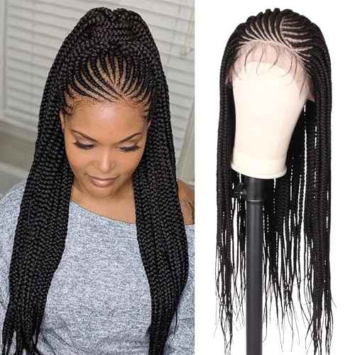 13x6 Lace Front Box Braided Wigs for Black Women HD Lace Frontal Box Braids Wigs with Baby Hair Lightweight Synthetic Black Cornrow Fully Handmade Braided Wig (30 inches)