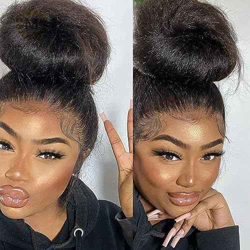 Kinky Straight Human Hair Wig 360 Lace Front Wigs Human Hair 180% Density Yaki Straight Human Hair Wig 18Inch 360 Lace Frontal Wigs Human Hair for Women Natural Color