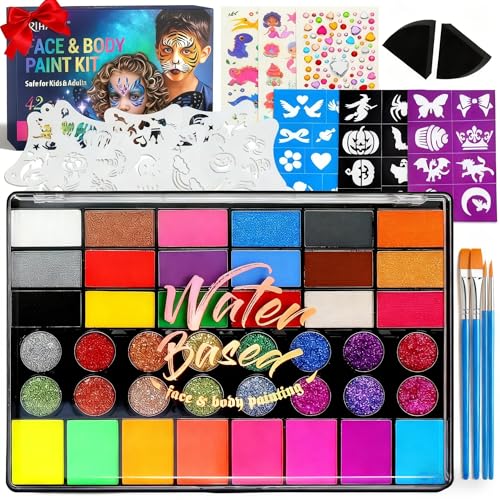 Halloween Party Face Painting Kit for Kids - 42 Colors Professional Face Paint Kit,Non-Toxic face Paint With Stencils, Brush, Gems. For Carnival, Halloween, Costume Makeup and Any Creative Activity
