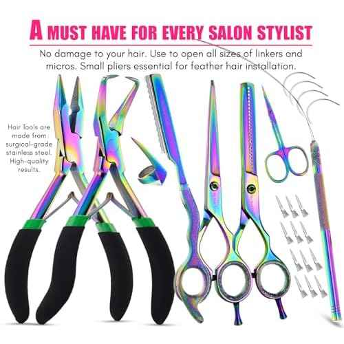 My Hair Tools Professional Hair Extension Tools Kit Includes Micro Link Beads Remover & Crimp Pliers Set, Hair Cutting & Styling Scissors Set, Hair Parting Tool, Hair Extensions Loop Tool (Rainbow)