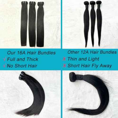 Indian Raw 1 Bundle Human Hair,16A Super Soft Silky Straight Human Hair Bundles,Salon Quality Full And Thick No Tangle Triple Lifespan Than Regular Virgin Hair Natural Black 16 Inch