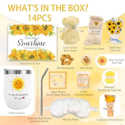Birthday Gifts for Women, Sunflower Self-Care Package, Sending Sunshine Get Well Gifts for Women, Her, Sister, Mom, Best Friends, Unique Spa Basket Perfect for Christmas, Valentine's, Mother's Day