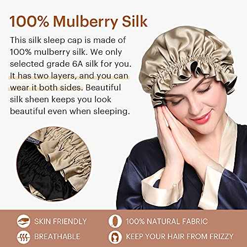 LilySilk Pure Silk Lined Cap for Women Sleep, Double Layered, Adjustable Ribbons, Luxury Natural Silk Bonnet Cap for Sleeping Coffee+Black