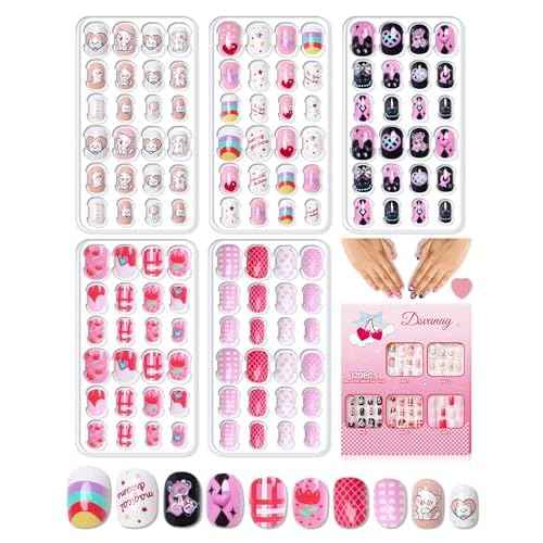 120PCS 5 Pack Press on Nails for Kids,Tweens Girls Soft Fake Nail Kit, Reusable Creative Design kids Nails, Full Cover Glitter Stick on Nails Girl Nails for Kids Ages 8-12