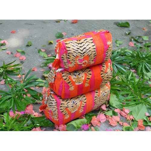 INDACORIFY Tiger Print Makeup Bag Set of 3 Pieces Indian Cotton Toiletry Bag Make up Pouch Travel Bag Quilted Wash Bag Shaving Cotton Cosmetic Kit